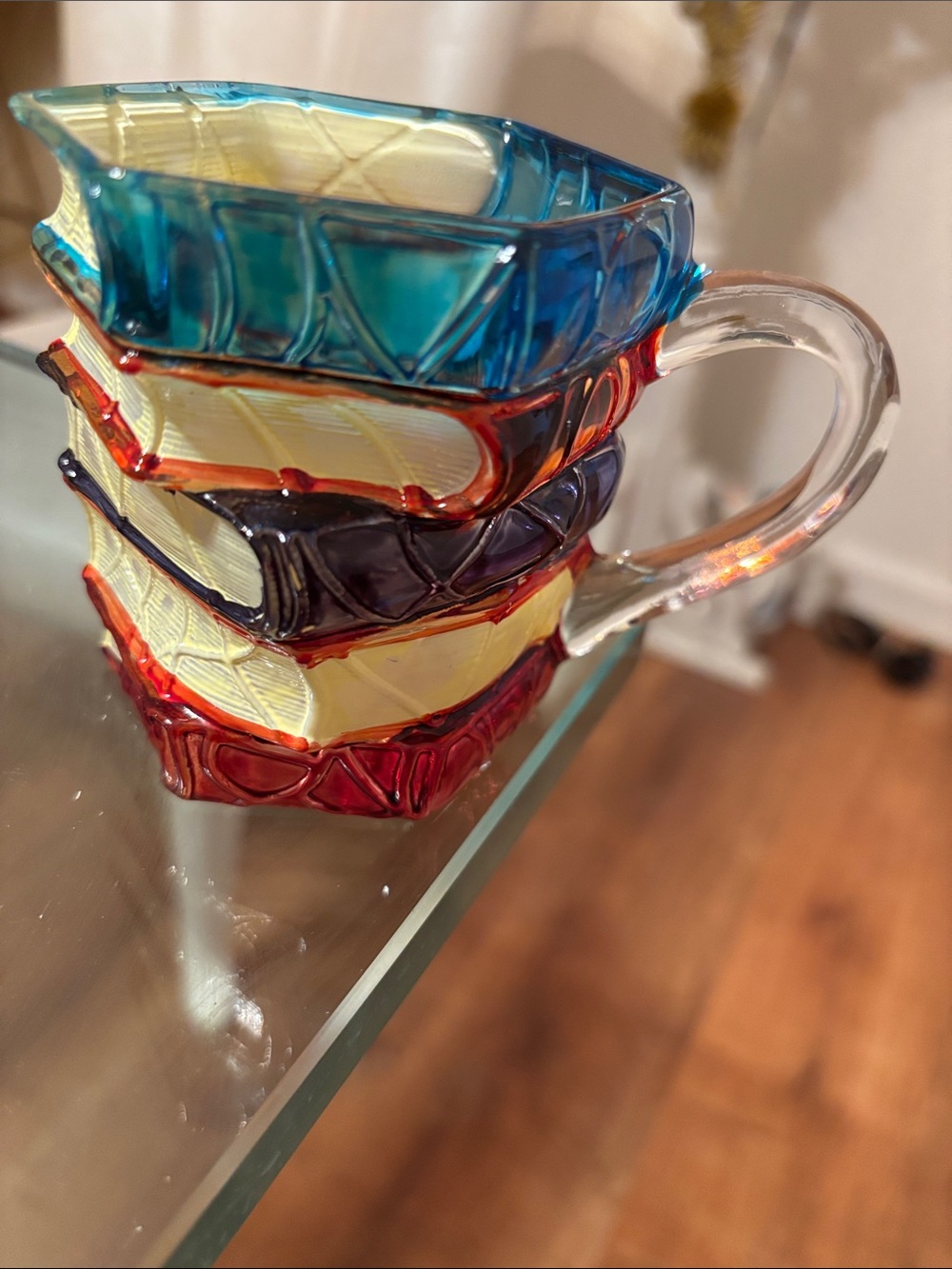 Artisan Stacked Glass Mug Book Sculpture Mug Blue, Orange, Purple, Red
